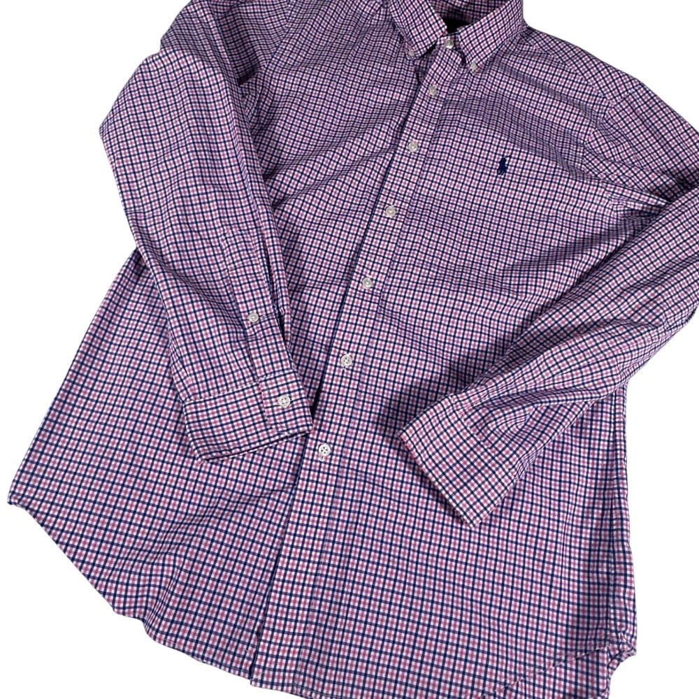 Ralph Lauren Button Down Shirt Mens M Pink Blue Gingham Check Long Sleeve